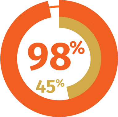 An outer circle graph illustrates 98% while  surrounding an inner circle graph that shows 45%